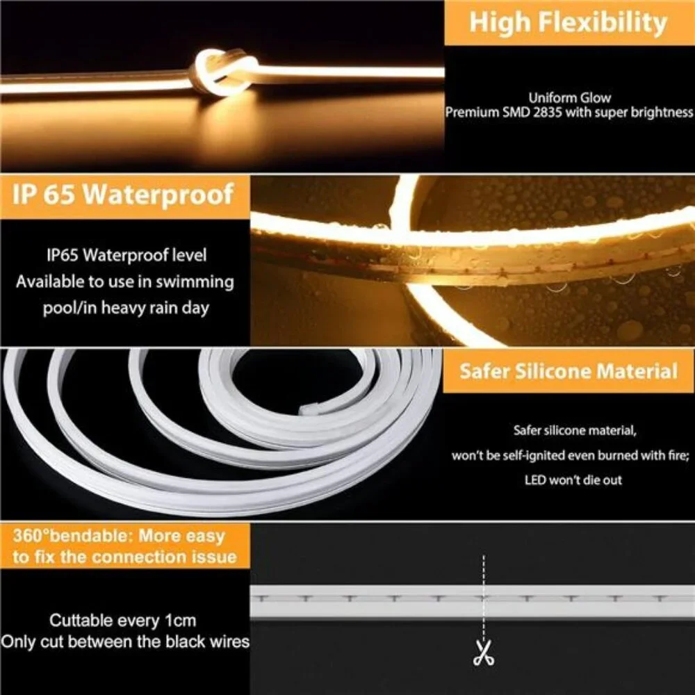 Warm White LED Neon Rope Light Waterproof Flexible Strip for Indoor Outdoor Deco